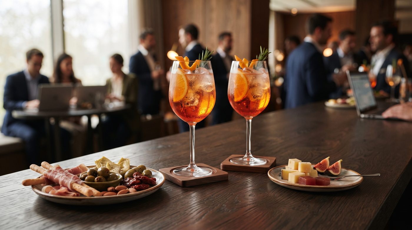 Cocktail d'entreprise avec spritz et antipasti italiens au restaurant Luna Rossa Romainville, idéal pour séminaires et réunions